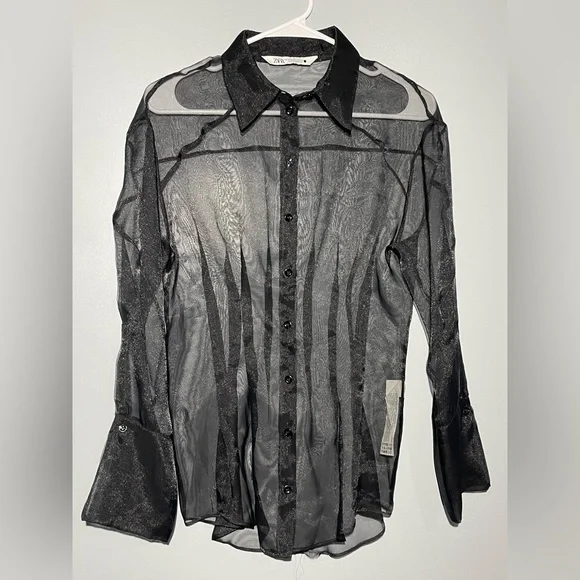 Zara Black Sheer Button Down Shirt - Picture 11 of 13
